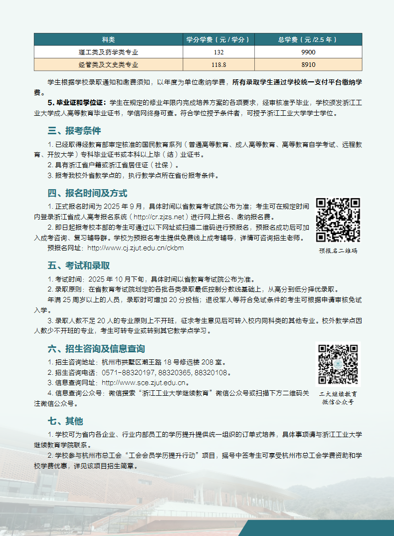 浙江工业大学2025年成人高等教育招生简章