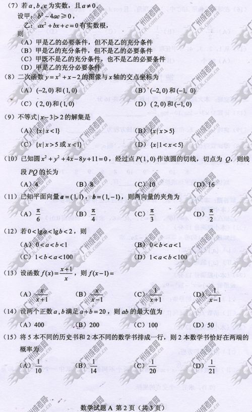 浙江省成人高考2014年统一考试数学真题A卷