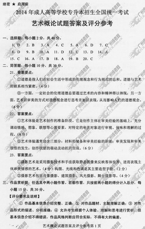 浙江省成人高考2014年统一考试专升本艺术概论真题B卷参考答案