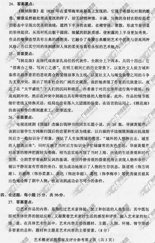 浙江省成人高考2014年统一考试专升本艺术概论真题B卷参考答案