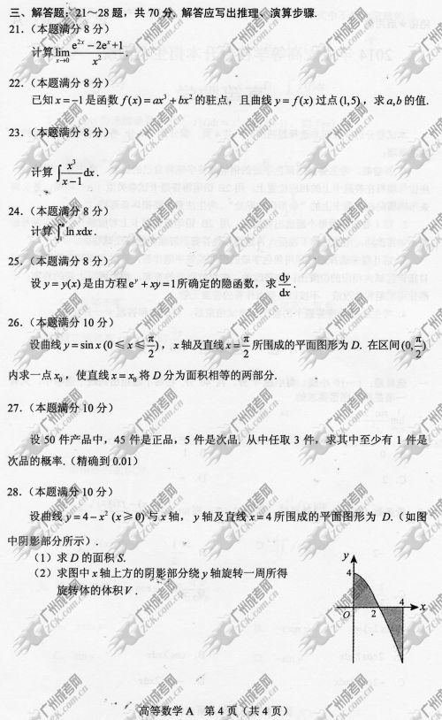 浙江省成人高考2014年统一考试专升本高等数学真题A卷