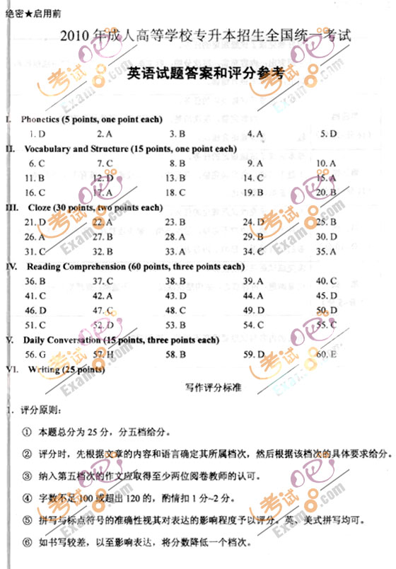 2010年成人高考专升本语文试题及答案(在线估分)